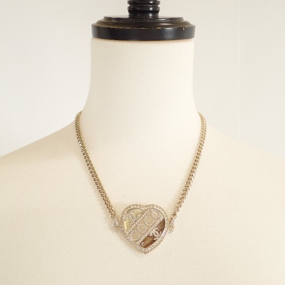 CHANEL C23B ABB648 COCO CC Coco Mark Rhinestone Heart Necklace Champagne Gold... - Picture 8 of 9